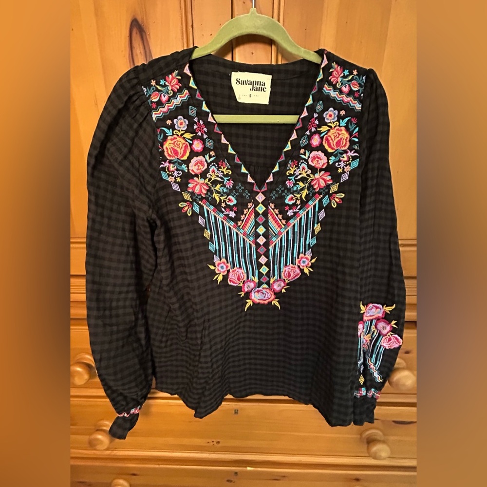 Savanna Jane Tunic Top Small L/S Embroidered Cotton Black Gingham Peasant Boho